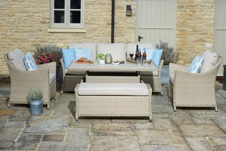 Bramblecrest Monterey 3 Seat Sofa, 2 chairs, Adjustable Rectangle Ceramic Table Sandstone - image 1