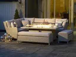 Bramblecrest Chedworth L-Shape Sofa with Large Rectangle Ceramic Firepit Table & 2 Benches - Sandsto