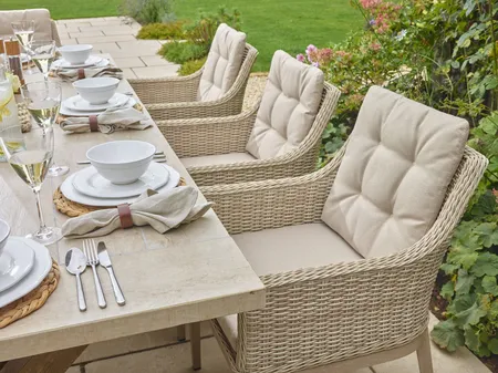 Bramblecrest Monterey Sandstone Ceramic Rectangle Dining Set with 6 Rattan Vogue Armchairs - image 3