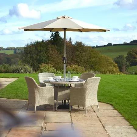 Bramblecrest Tetbury 110cm Tree-Free Round Table with 4 Armchairs, Parasol & Base - Nutmeg - image 5