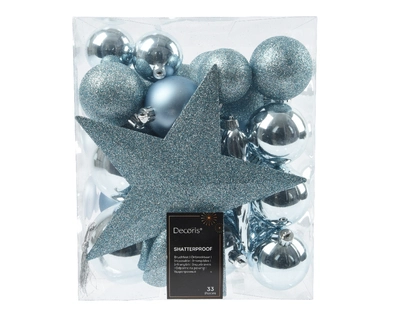 Decoris 8cm Shatterproof Baubles & Star Blue Ice - Pack of 33 - image 1