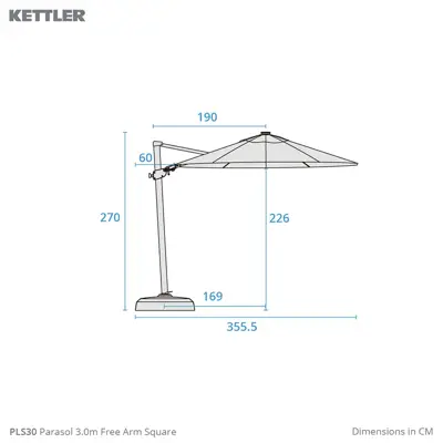 Kettler 3.0m Square Free Arm Parasol with LED Lights & Wireless Speaker - Slate Canopy - image 2